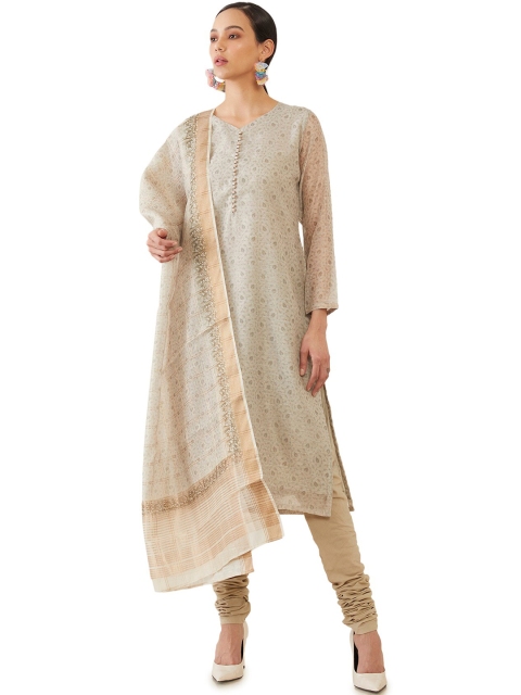 

Soch Beige Printed Raw Silk Unstitched Dress Material
