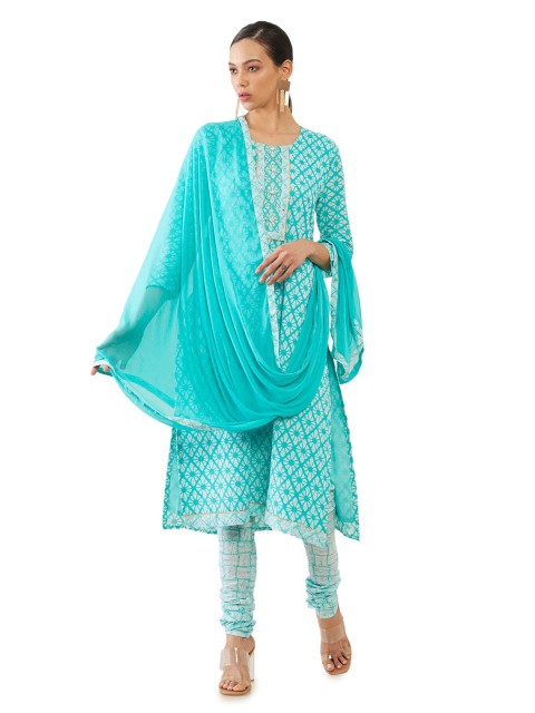 

Soch Turquoise Blue & White Printed Pure Cotton Unstitched Dress Material