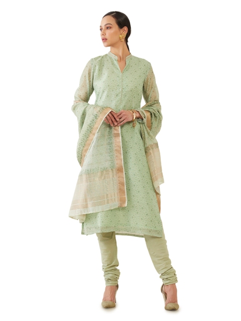 

Soch Green Printed Raw Silk Unstitched Dress Material