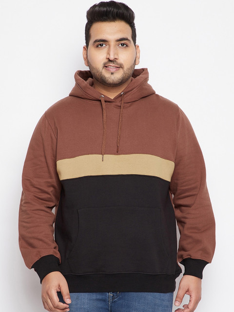 

bigbanana Men Brown Colourblocked Hooded Pure Cotton Sweatshirt
