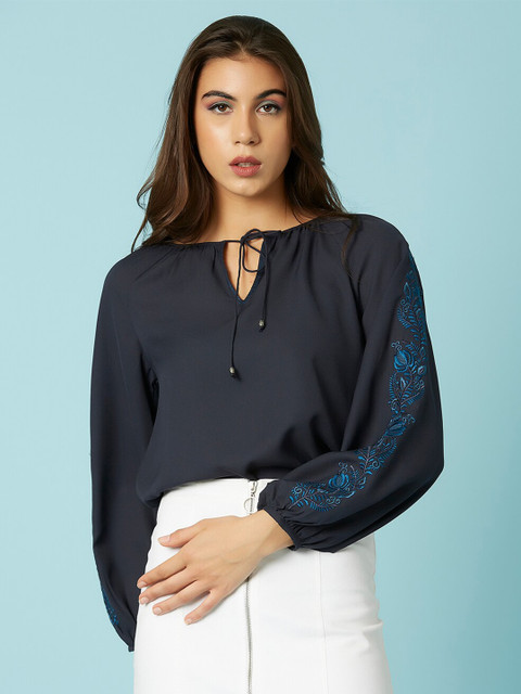 

MARCA Disati Navy Blue Tie-Up Neck Regular Top