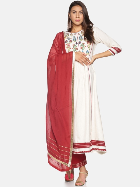

Palakh Women Off White & Red Yoke Embroidered Pure Cotton Kurta with Trousers & Dupatta