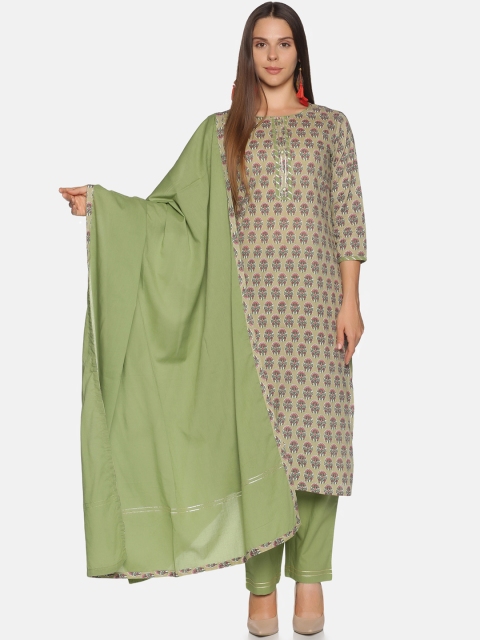 

Palakh Women Green & Pink Ethnic Motifs Printed Pure Cotton Kurta with Trousers & Dupatta