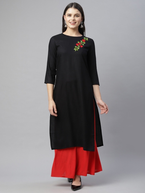 

HERE&NOW Women Black & Red Floral Embroidered Thread Work Kurta
