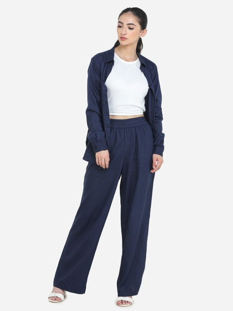 

DECHEN Women Navy Blue Linen Shirt with Trousers