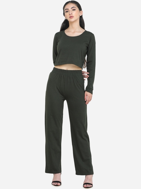 

DECHEN Women Olive Green Solid Cotton Track Suit