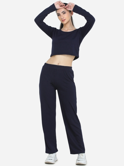 

DECHEN Women Navy Blue Solid Cotton Track Suit