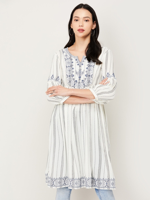 

Colour Me by Melange Off White & Blue Viscose Rayon Embroidered Tunic