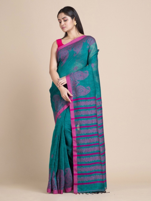 

Mitera Green & Maroon Paisley Zari Pure Linen Saree