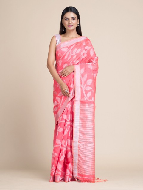 

Mitera Pink & Silver-Toned Floral Zari Silk Cotton Saree
