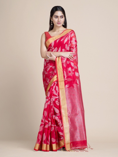 

Mitera Red & Gold-Toned Floral Zari Silk Cotton Saree