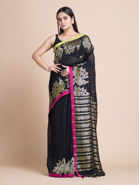 

Mitera Black & Pink Ethnic Motifs Zari Pure Linen Saree