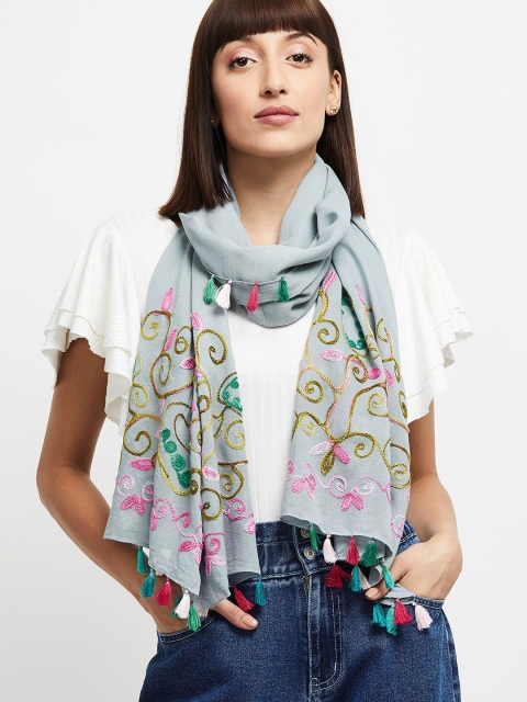 

max Women Grey Embroidered Tasseled Scarf