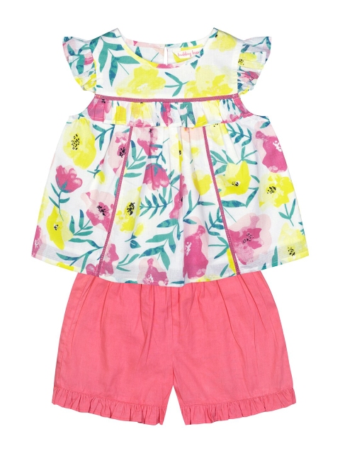 

Budding Bees Girls Pink & White Printed Pure Cotton Top with Shorts