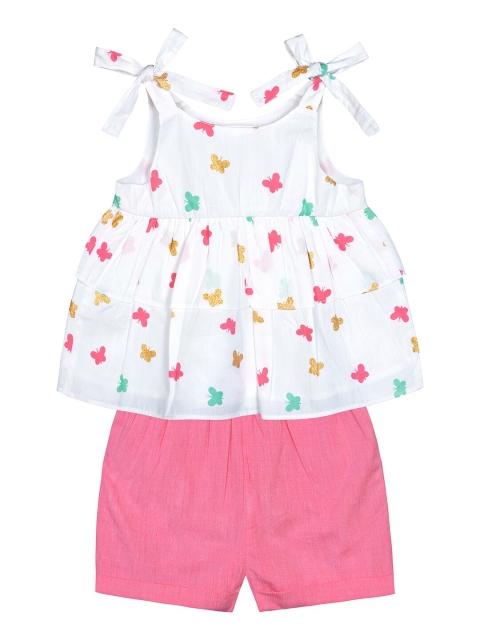 

Budding Bees Girls White & Pink Printed Pure Cotton Top with Shorts