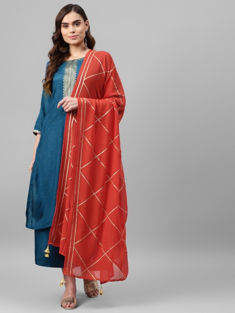 

Rangriti Women Teal Ethnic Motifs Printed Regular Kurta with Palazzos & Dupatta