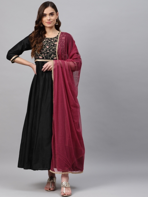 

Rangriti Black & Gold-Toned Floral Embroidered Ethnic Maxi Dress With Dupatta