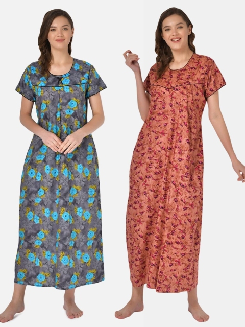 

Klamotten Set of 2 Printed Pure Cotton Maxi Nightdresses, Grey