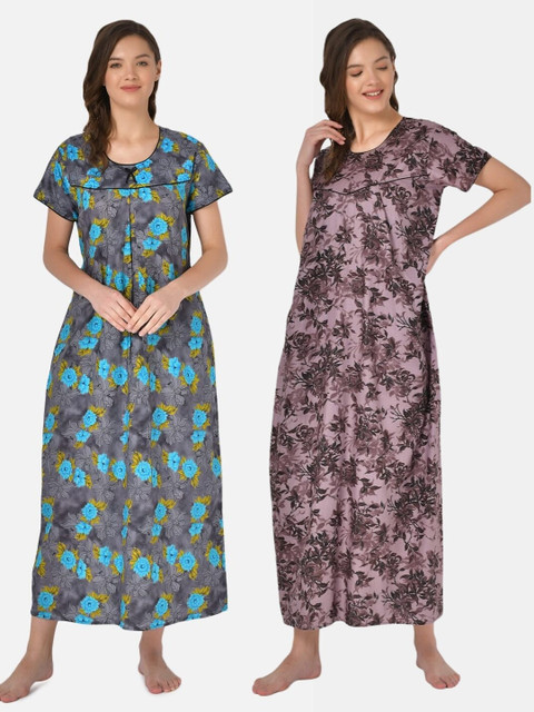 

Klamotten Set of 2 Printed Pure Cotton Maxi Nightdresses, Grey