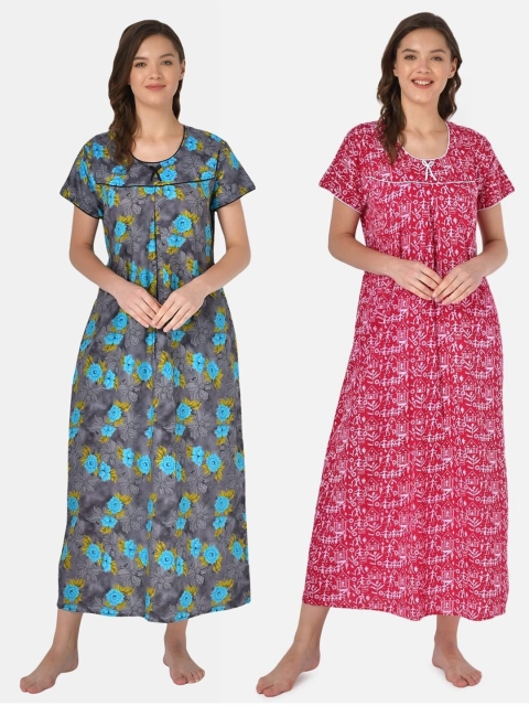 

Klamotten Set of 2 Printed Pure Cotton Maxi Nightdresses, Grey