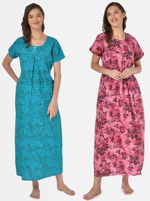 

Klamotten Set-2 Turquoise Blue& Magenta Printed Maxi Nightdress