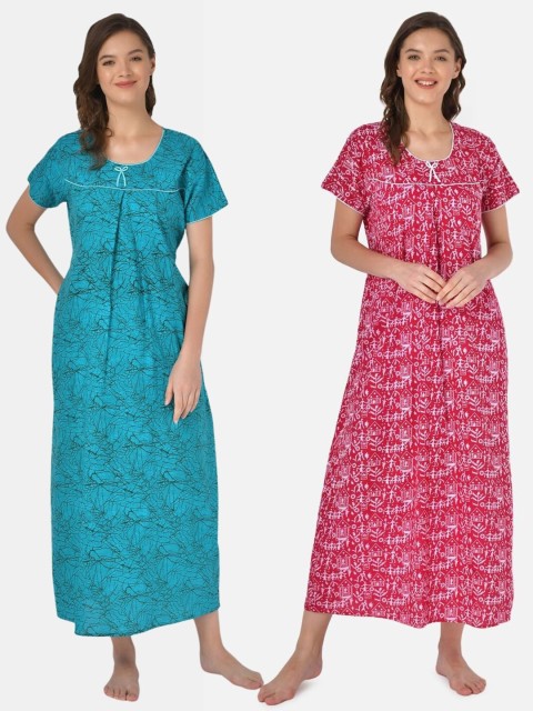 

Klamotten Set-2 Turquoise Blue& Magenta Printed Maxi Nightdress
