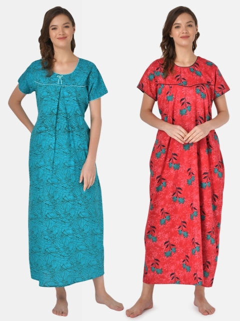 

Klamotten Set-2 Turquoise Blue& Red Printed Maxi Nightdress