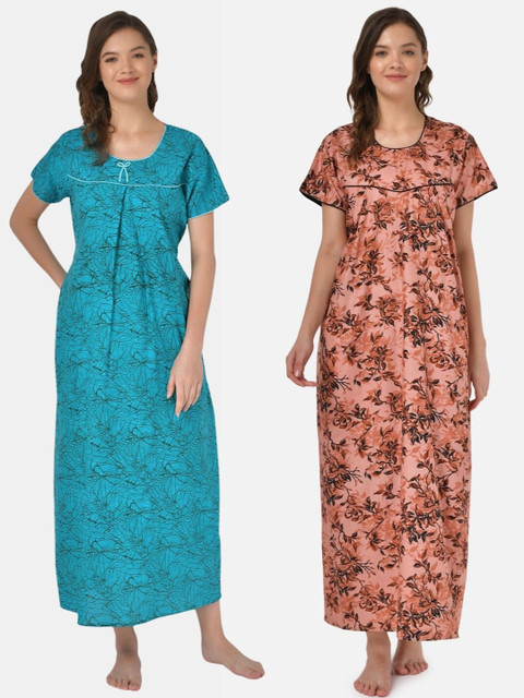 

Klamotten Set-2 Turquoise Blue& Brown Printed Maxi Nightdress