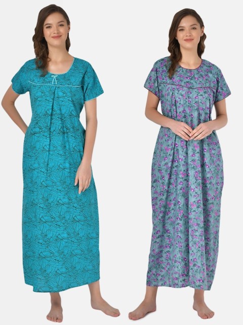 

Klamotten Set-2 Turquoise Blue& Violet Printed Maxi Nightdress