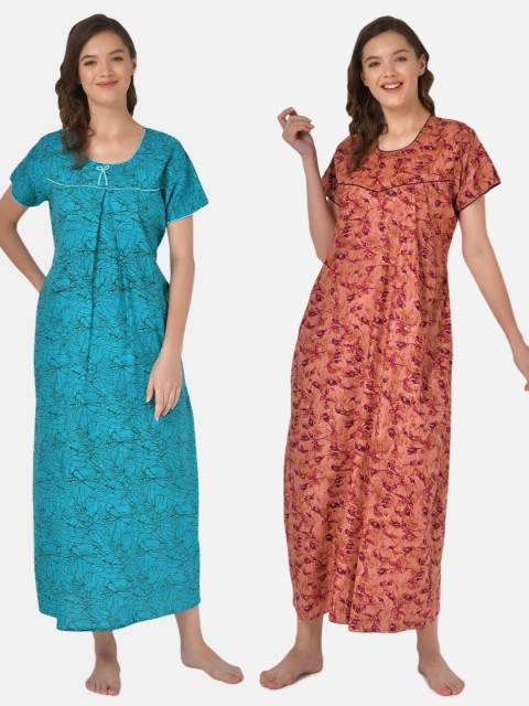 

Klamotten Set-2 Turquoise Blue& Brown Printed Maxi Nightdress