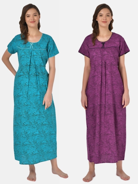 

Klamotten Set-2 Turquoise Blue& Purple Printed Maxi Nightdress