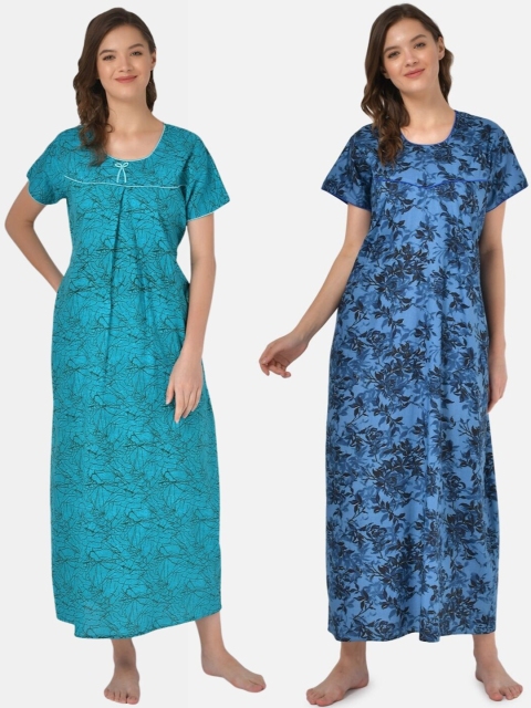 

Klamotten Set-2 Turquoise Blue& Black Printed Maxi Nightdress