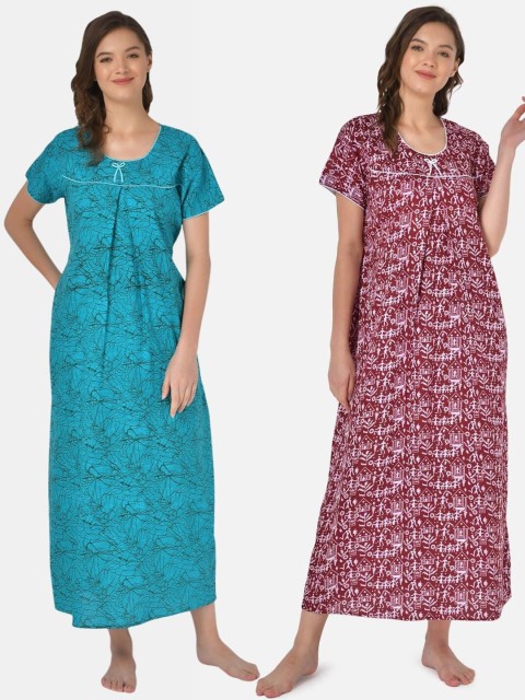 

Klamotten Set-2 Turquoise Blue& Maroon Printed Maxi Nightdress