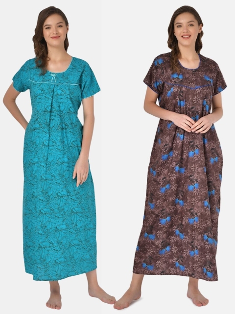 

Klamotten Set-2 Turquoise Blue& Brown Printed Maxi Nightdress