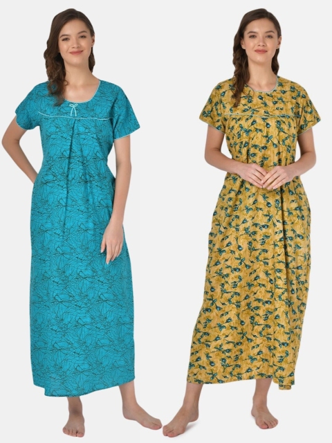 

Klamotten Set-2 Turquoise Blue& Yellow Printed Maxi Nightdress
