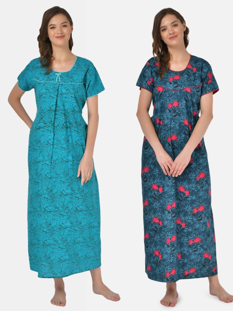 

Klamotten Set-2 Turquoise Blue Printed Maxi Nightdress