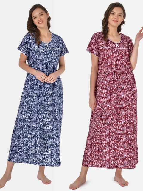 

Klamotten Set of 2 Printed Pure Cotton Maxi Nightdresses, Navy blue