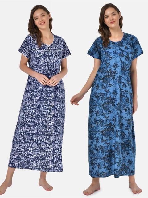 

Klamotten Set of 2 Printed Pure Cotton Maxi Nightdresses, Blue