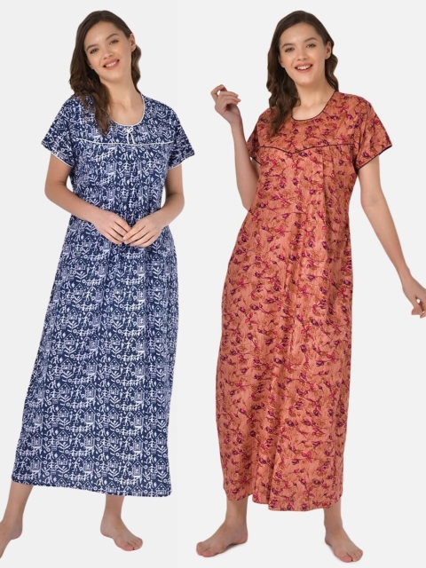 

Klamotten Set of 2 Printed Pure Cotton Maxi Nightdresses, Navy blue