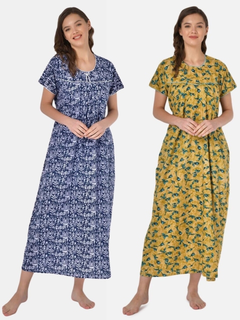 

Klamotten Set of 2 Printed Pure Cotton Maxi Nightdresses, Navy blue