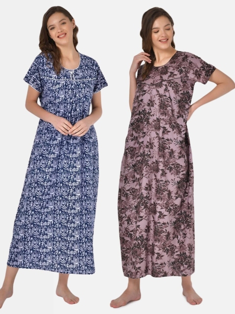 

Klamotten Set of 2 Printed Pure Cotton Maxi Nightdresses, Navy blue