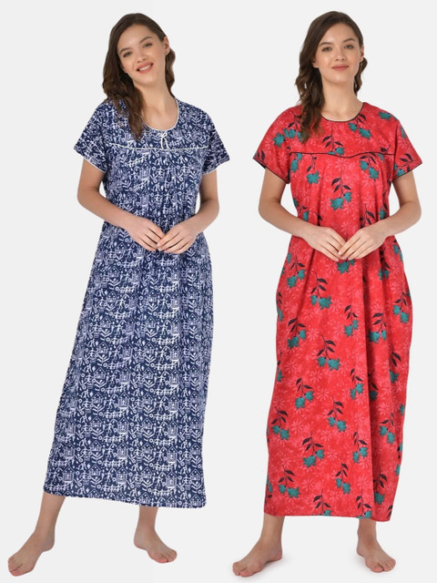 

Klamotten Set of 2 Printed Pure Cotton Maxi Nightdresses, Navy blue