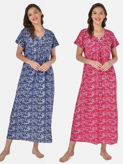 

Klamotten Set of 2 Printed Pure Cotton Maxi Nightdresses, Navy blue