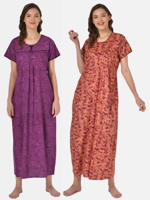 

Klamotten Set-2 Purple& Orange Printed Maxi Nightdress