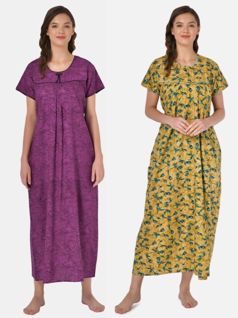 

Klamotten Set-2 Purple& Yellow Printed Maxi Nightdress