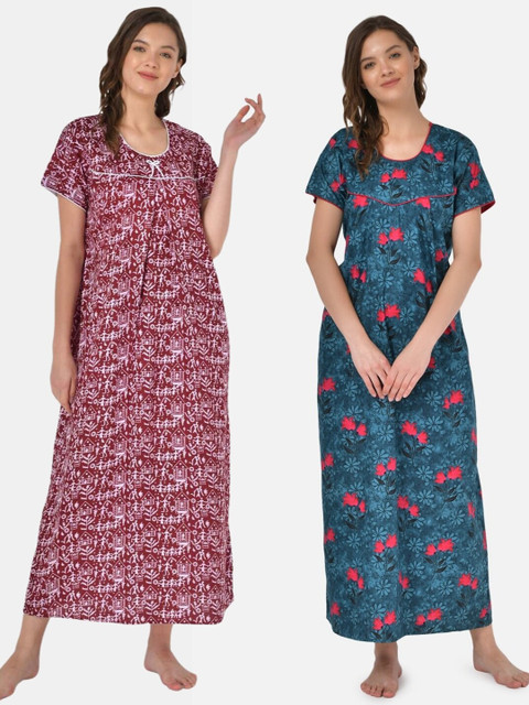

Klamotten Set-2 Maroon& Blue Printed Maxi Nightdress