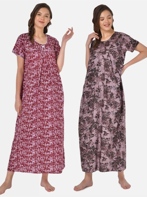 

Klamotten Pack-2 Women Maroon Printed Maxi Nightdress