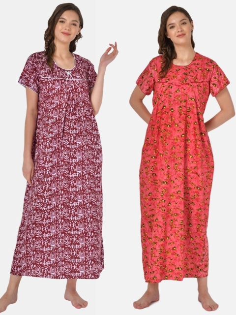 

Klamotten Pack-2 Women Maroon Printed Maxi Nightdress