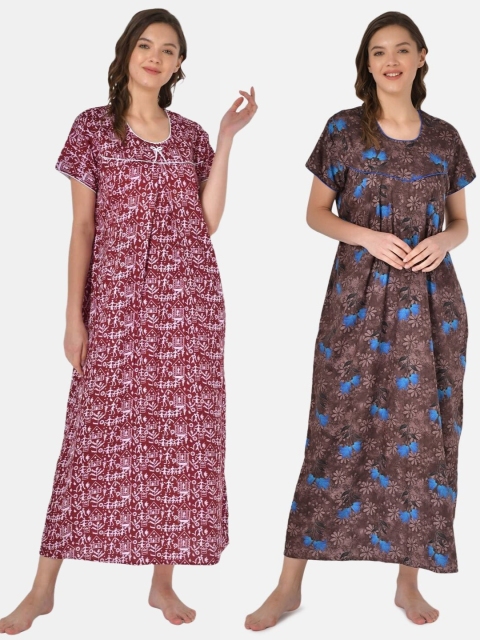 

Klamotten Pack-2 Women Maroon Printed Maxi Nightdress