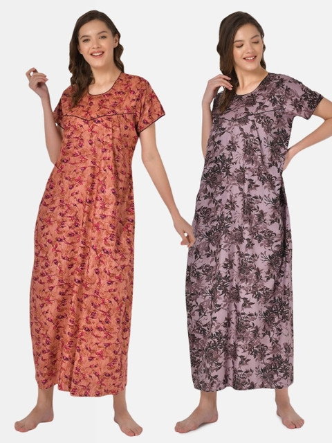 

Klamotten Set of 2 Printed Pure Cotton Maxi Nightdresses, Brown
